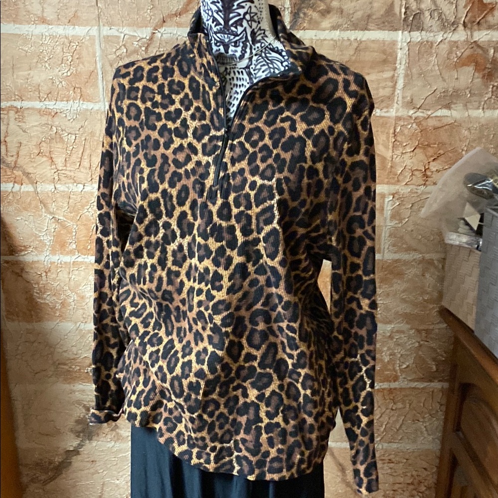 Brown Leopard Print Long Sleeve Blouse with Polo Collar